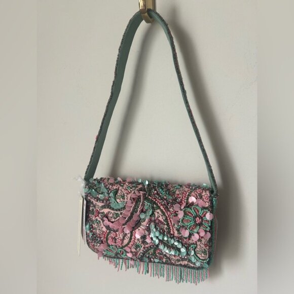 Viral Beaded Paisley Fringe Pink and Green Made in India Shoulder Bag - Picture 5 of 6